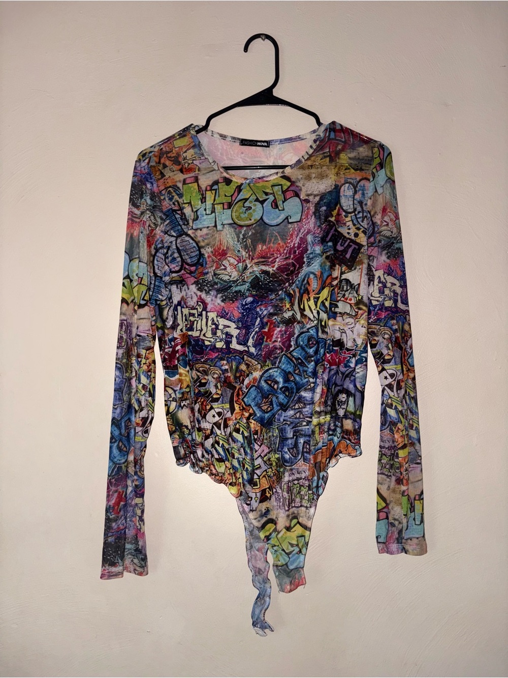 Fashion Nova Multicolor Graffiti Long Sleeve Bodysuit